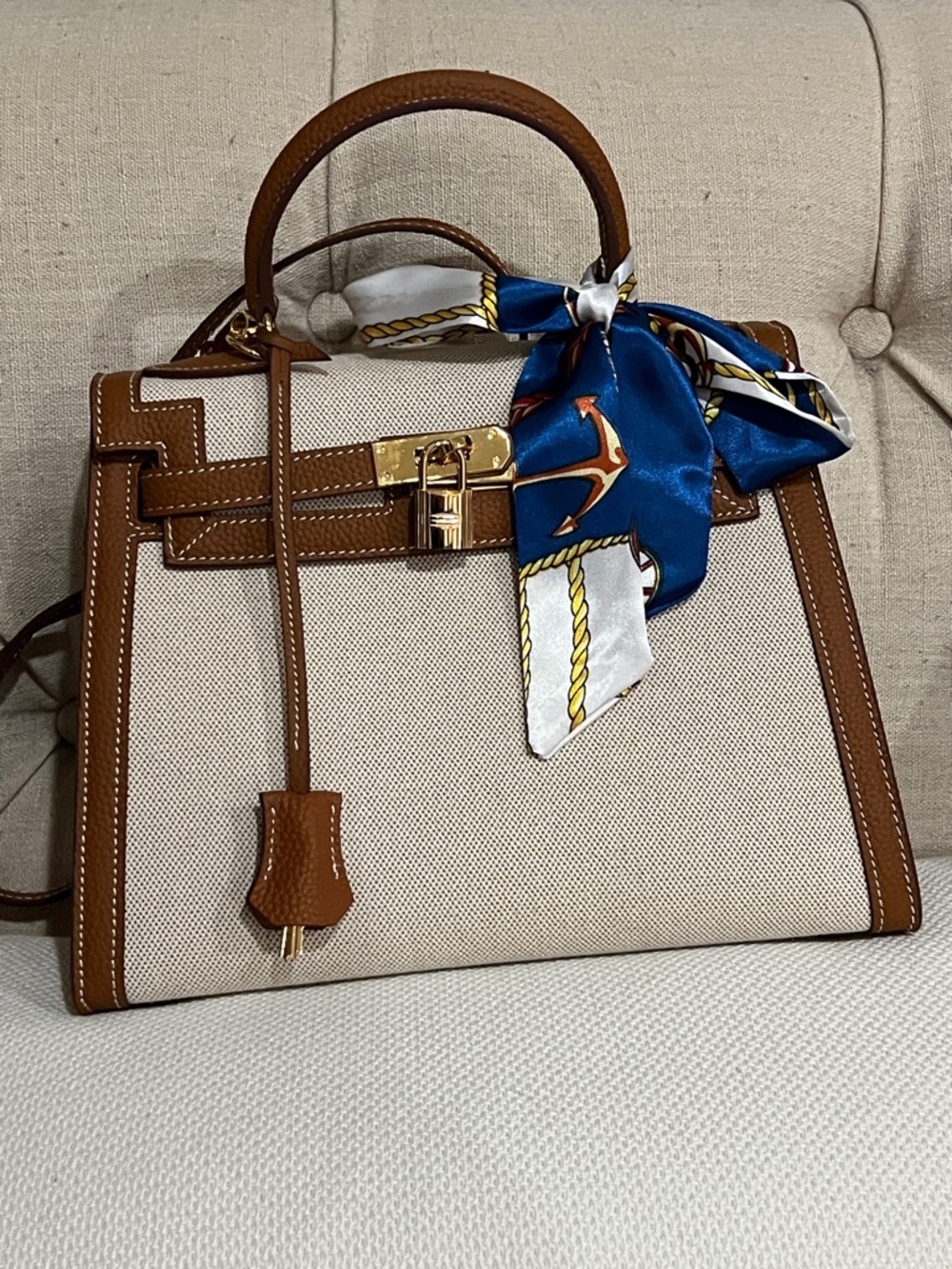 H inspired Kelly with Brown Leather Trim and Blue Scarf Accent